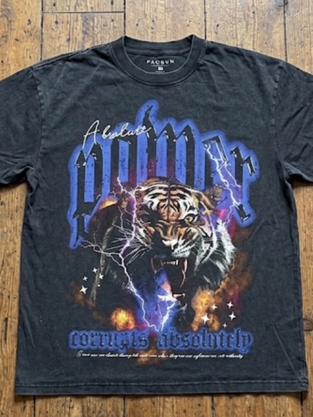 PacSun Black Tee with Blue, Orange & Purple Tiger Graphic